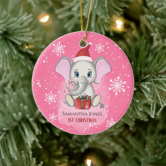 Baby Girl First Christmas Cute Elephant Holidays Ceramic Ornament (Tree)