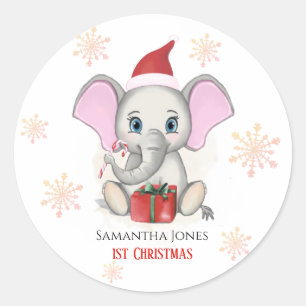Baby Girl First Christmas Cute Elephant Holidays Classic Round Sticker