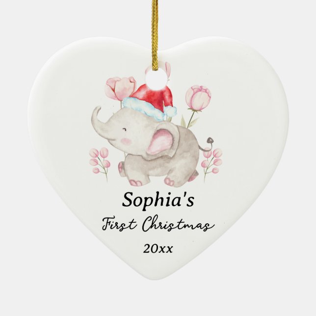 Baby Girl First Christmas Elephant Custom Name Ceramic Ornament (Back)