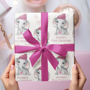 Baby Girl First Christmas Elephant Pink Snow Name Wrapping Paper Sheet