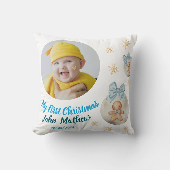 Baby Girl First Christmas Gingerbread Photo & Name Cushion (Front)
