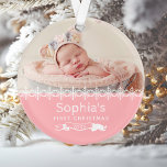 Baby Girl First Christmas Personalised Photo Pink Ornament<br><div class="desc">Celebrate a special baby girl's first Christmas with this adorable keepsake ornament,  featuring white snowflakes and text on a pink background. Personalise it with baby's photo,  name,  and birth year.</div>