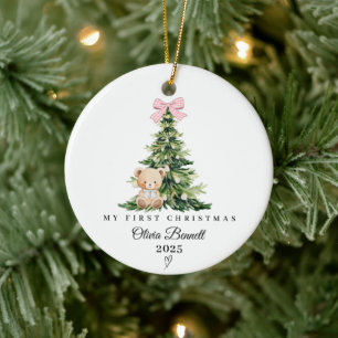 Baby Girl First Christmas, Pink Bow Christmas Tree Ceramic Ornament