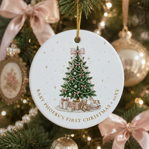 Baby Girl First Christmas Pink Bow Personalised Ceramic Ornament