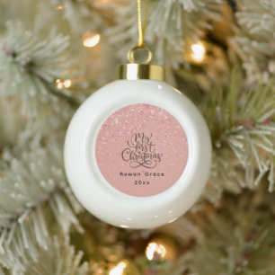 Baby Girl First Christmas Pink Custom Name Ceramic Ball Christmas Ornament