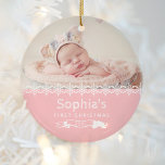 Baby Girl First Christmas Pink Custom Photo Ceramic Ornament<br><div class="desc">Celebrate your baby girl's first Christmas with this adorable ornament,  featuring a row of white snowflakes and white text on a blush pink background. Personalize it with baby's photo,  her name in white sketched font,  and the year framed by a rustic white banner.</div>
