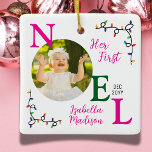 Baby Girl First Christmas Pink First Noel Photo Ceramic Ornament<br><div class="desc">This 2-sided Customisable Baby Girl Photo 1st Noel Keepsake Christmas Ornament, with it's bright, colourful, pink green and white festive design and graphics, is the perfect gift, keepsake or addition to your holiday decor. Other product variations are available below. This product design can be purchased as is with your customisation,...</div>