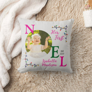 Baby Girl First Christmas Pink First Noel Photo Cushion