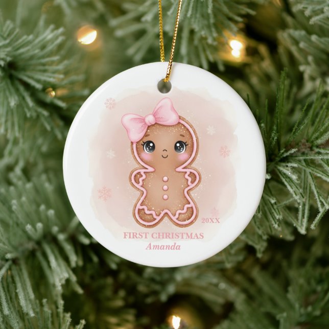 Baby Girl First Christmas Pink Gingerbread Photo Ceramic Ornament (Tree)