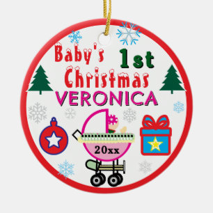 Baby Girl First Christmas Pink Hat NAME Ceramic Ornament
