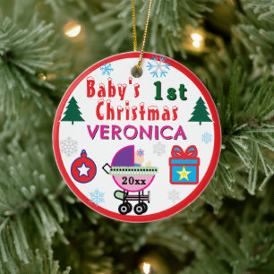 Baby Girl First Christmas Pink Purple Carriage Ceramic Ornament