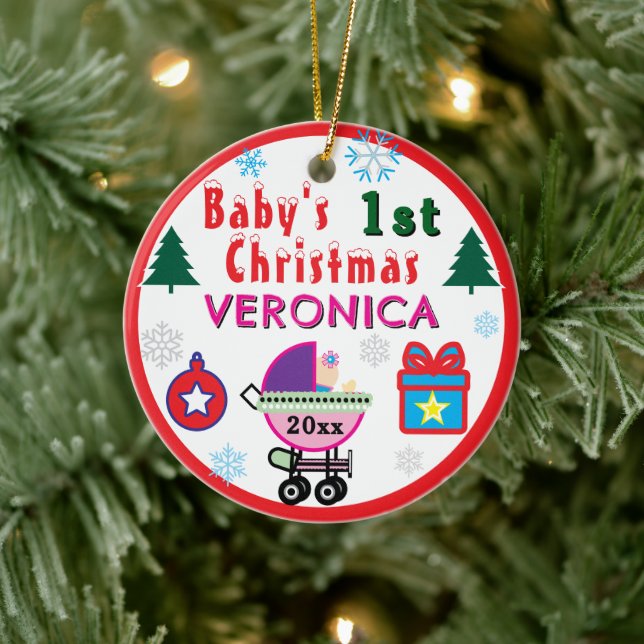 Baby Girl First Christmas Pink Purple Carriage  Ceramic Ornament (Tree)