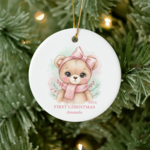 Baby Girl First Christmas Pink Teddy Bear Photo Ceramic Ornament