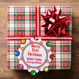 Baby Girl First Christmas Red Green Blue Pink Tree Decoration Card