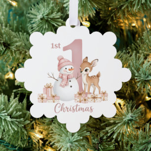 Baby Girl First Christmas Snowman Deer Tree Decoration Card