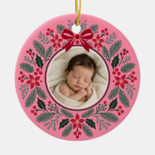 Baby Girl First Christmas Wreath Photo Ceramic Ornament