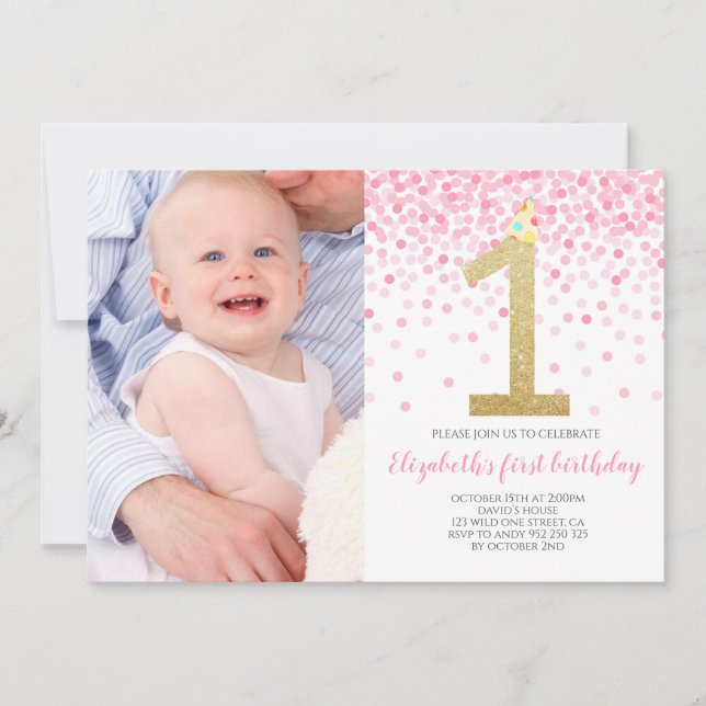Baby Girl First Photo Birthday Pink Confetti Girl Invitation (Front)