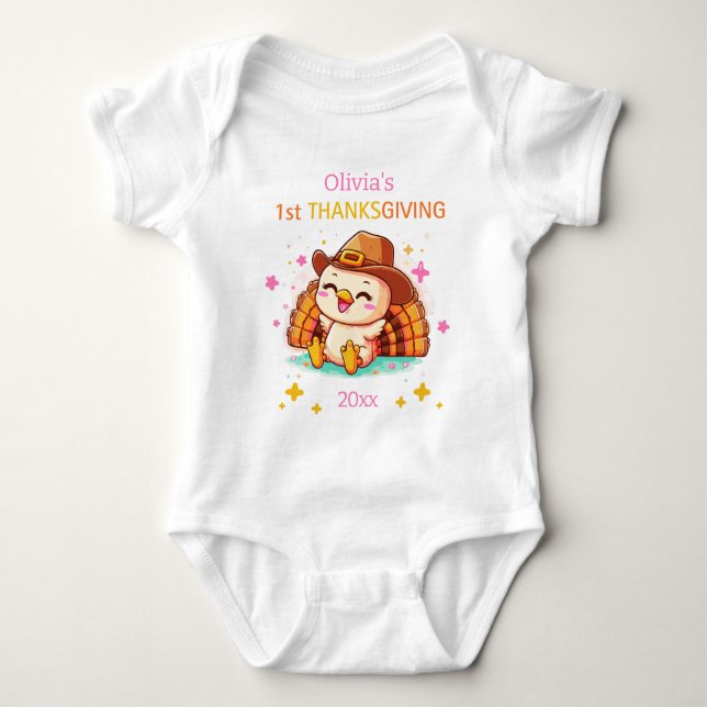 Baby Girl First Thanksgiving Custom Name Year  Bodysuit (Front)