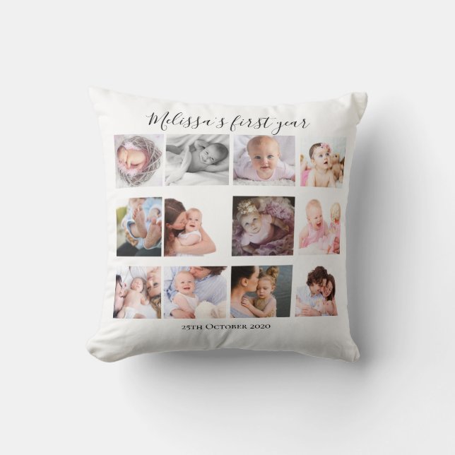 Baby Girl First Year Photo Collage Gift Custom Cushion (Front)