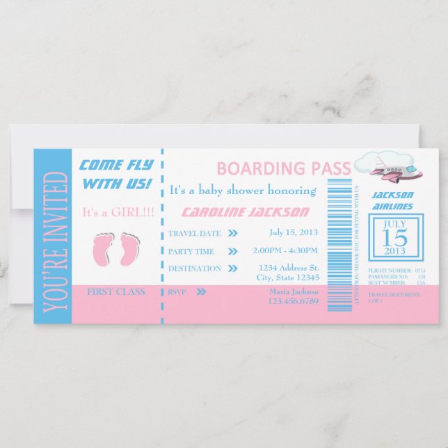 Baby Girl Flight Ticket Invitation Customisable (Front)