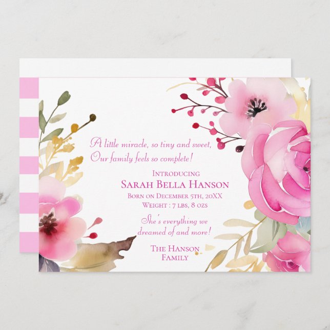 Baby Girl Floral Birth Announcement (Front/Back)