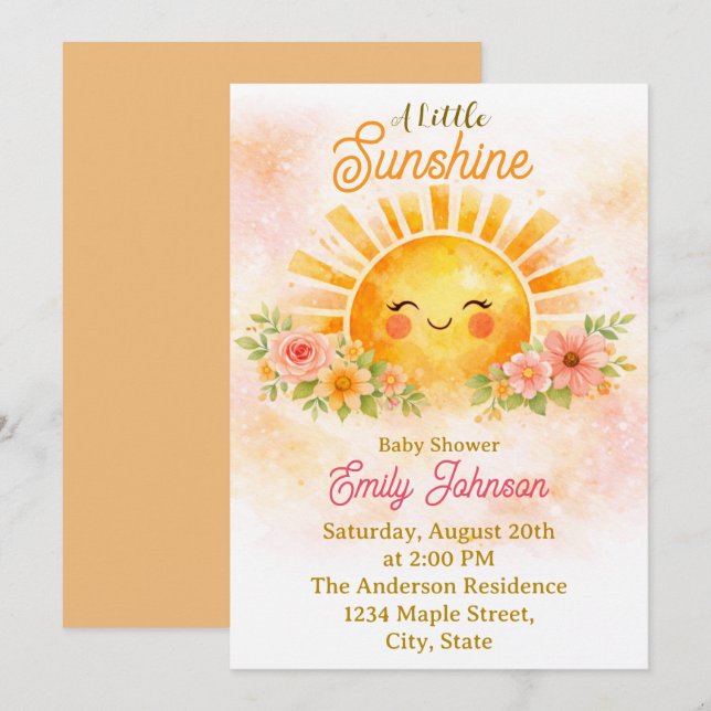 Baby Girl Floral Sunshine Shower Invitation (Front/Back)