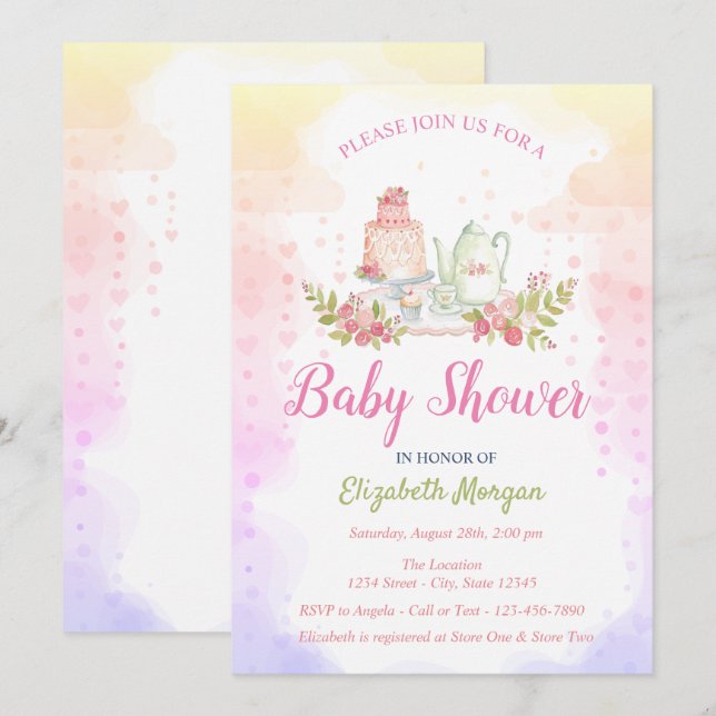 Baby Girl Floral Teapot Baby Shower Invitation (Front/Back)