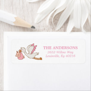 Baby Girl Flying Stork Pink Cute Baby Shower Return Address Label