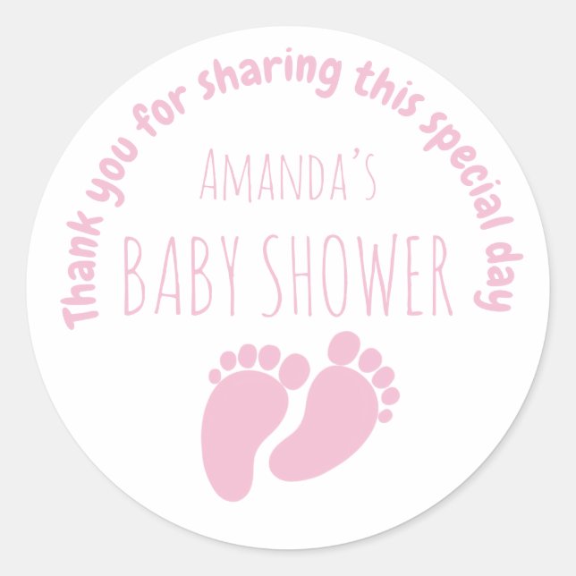 Baby Girl Footprint Baby Shower Pink Classic Round Sticker (Front)
