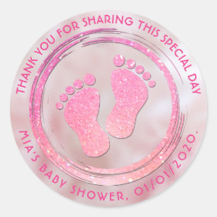 Baby Girl Footprint Glittering  Baby Shower Favour Classic Round Sticker