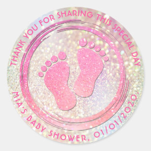 Baby Girl Footprint Glittering  Baby Shower Favour Classic Round Sticker