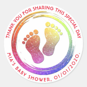Baby Girl Footprint Glittering  Baby Shower Favour Classic Round Sticker