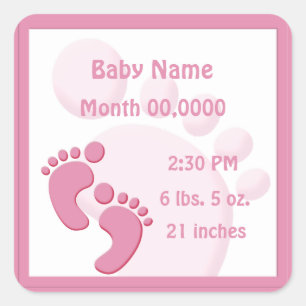 Baby Girl Footprint Little Feet Birth Announcement Square Sticker
