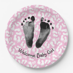 Baby Girl Footprint on Pink and White Paper Plate