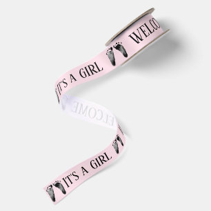 Baby Girl Footprints on Blush Pink Satin Ribbon