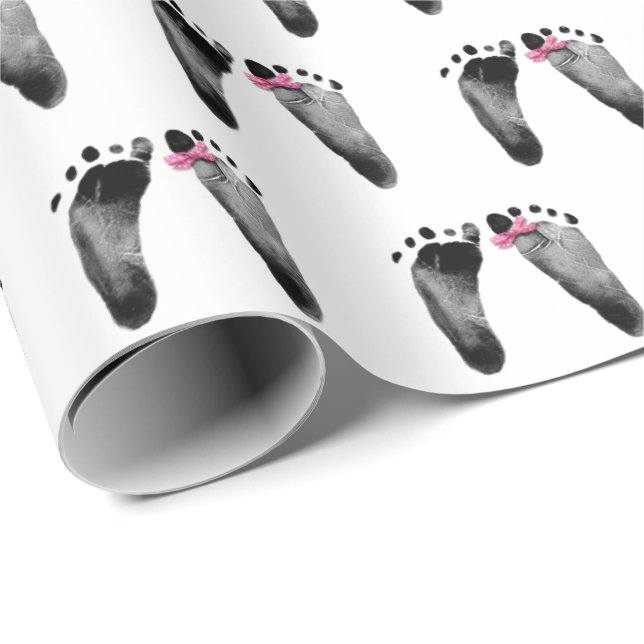 Baby Girl Footprints With Pink Bow  Wrapping Paper (Roll Corner)