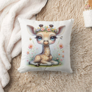 Baby Girl Giraffe With Flowers Cushion