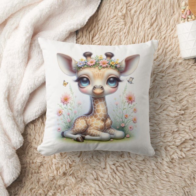 Baby Girl Giraffe With Flowers Cushion (Blanket)