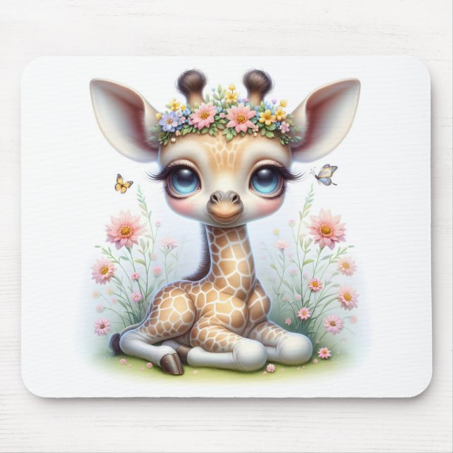 Baby Girl Giraffe With Pink Flowers Mouse Pad (Front)