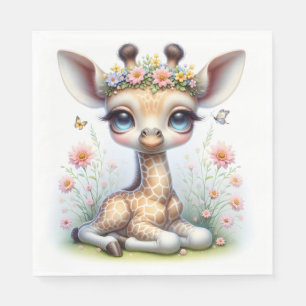 Baby Girl Giraffe With Pink Flowers Napkin
