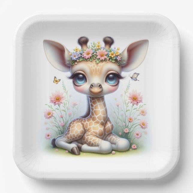 Baby Girl Giraffe With Pink Flowers Paper Plate (Front)