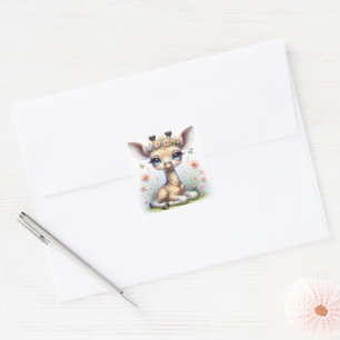 Baby Girl Giraffe With Pink Flowers Square Sticker