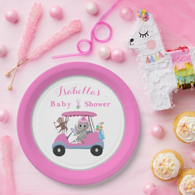 Baby Girl Golfing Elephant & Monkey Shower  Paper Plate (Party)