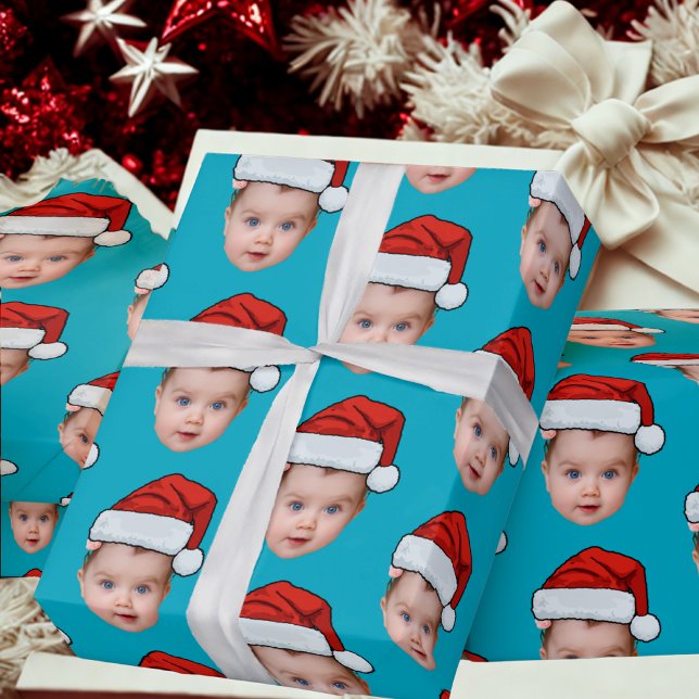 Baby Girl Head Face Photo Santa Hat Xmas Blue Wrapping Paper (Creator Uploaded)