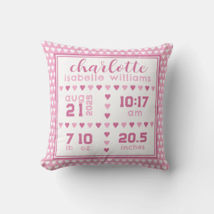 Baby Girl Heart Birth Announcement Throw Pillow