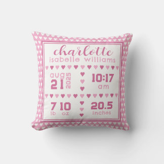 Baby Girl Heart Birth Announcement Throw Pillow