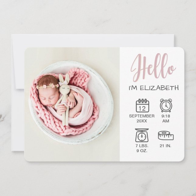 Baby girl hello overlay photo & birth stats icons announcement (Front)