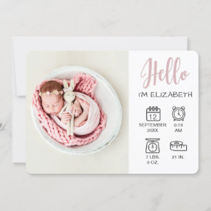 Baby girl hello overlay photo & birth stats icons announcement