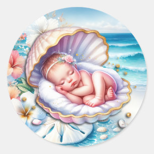 Baby Girl in a Seashell Baby Shower  Classic Round Sticker