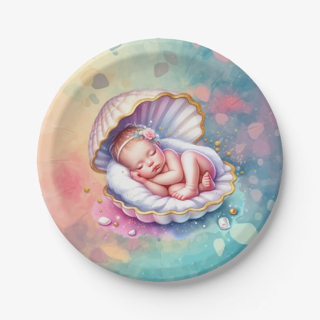 Baby Girl in a Seashell Baby Shower  Paper Plate (Front)